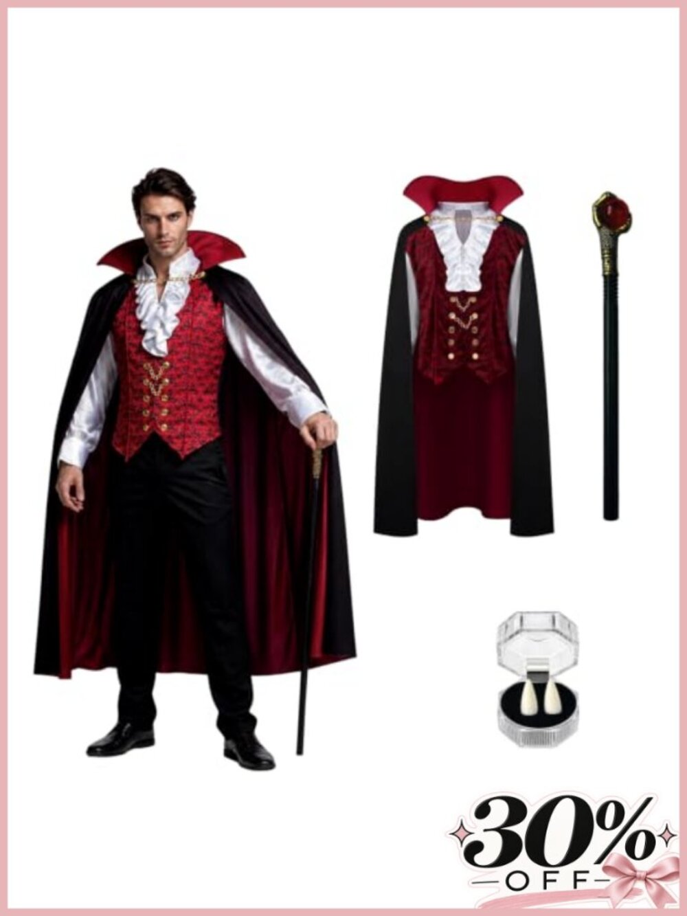 Men's Vampire Costume Set Cape Cane Fangs Gothic Victorian Cosplay